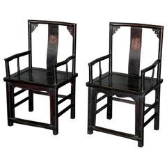 Antique Pair of Chinese Qing Dynasty Officials Chairs in Black Lacquer
