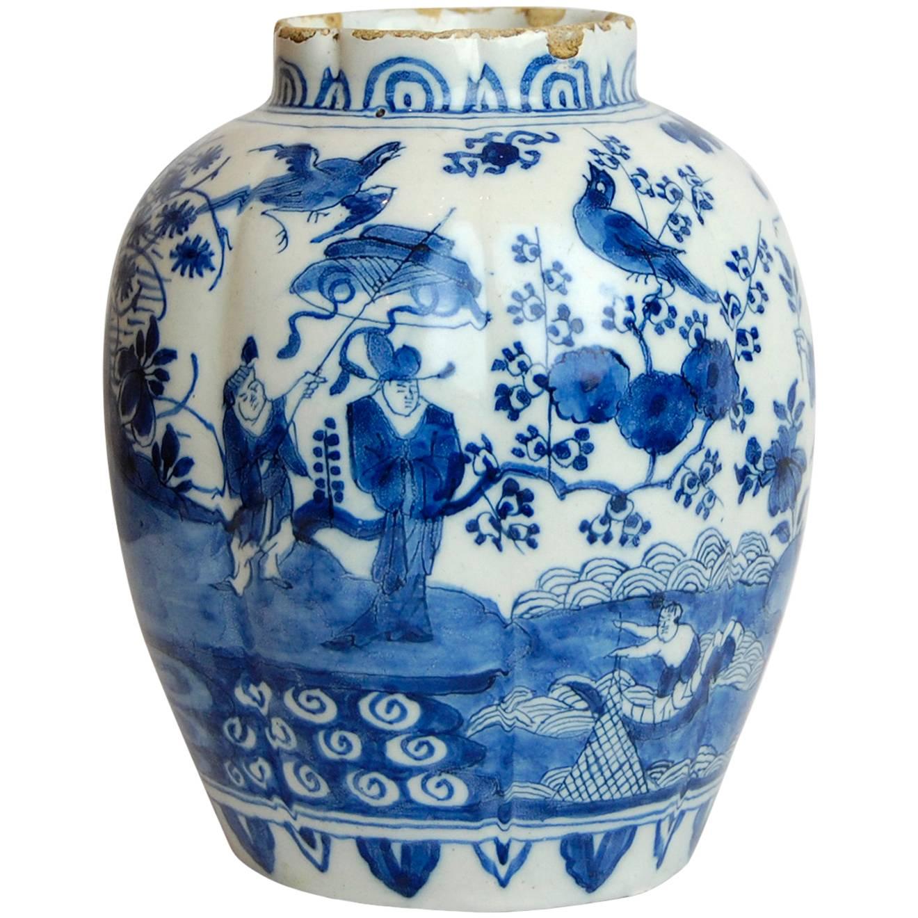 18th Century Dutch Delft Porcelain Vase Blue and White Chinoiserie Painting