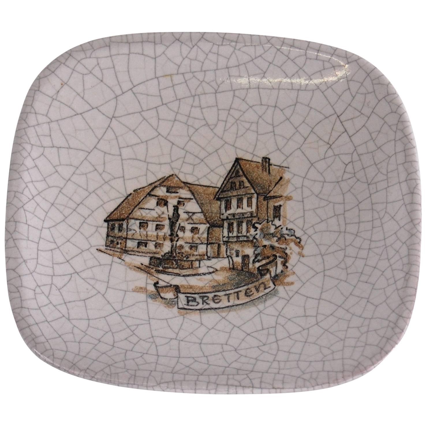 Karlsruhe Majolica Small Bowl or Ashtray Grey Crackled Glaze City Bretten Sketch For Sale