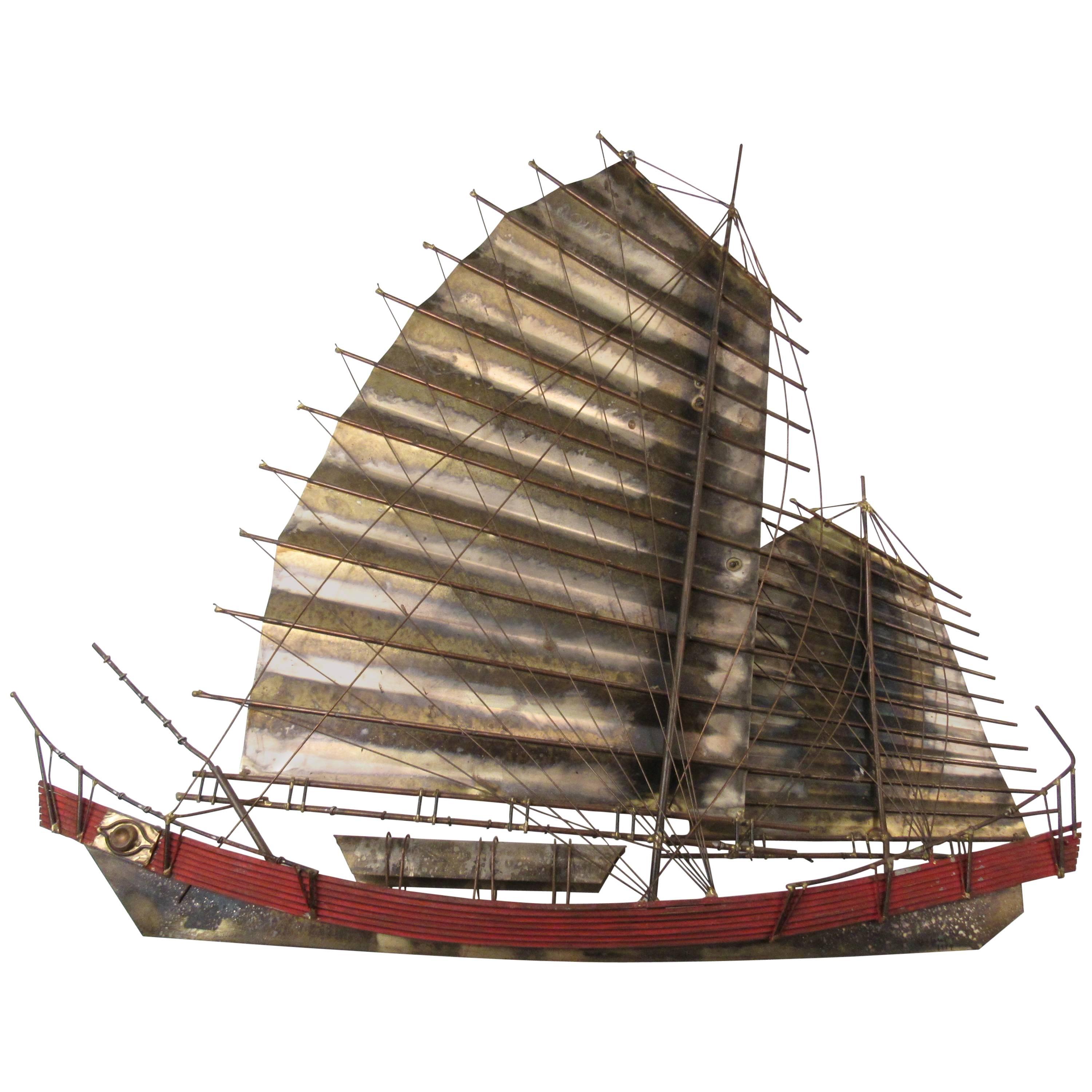 C. Jere Signed Wall Sculpture of Chinese Junk Boat For Sale