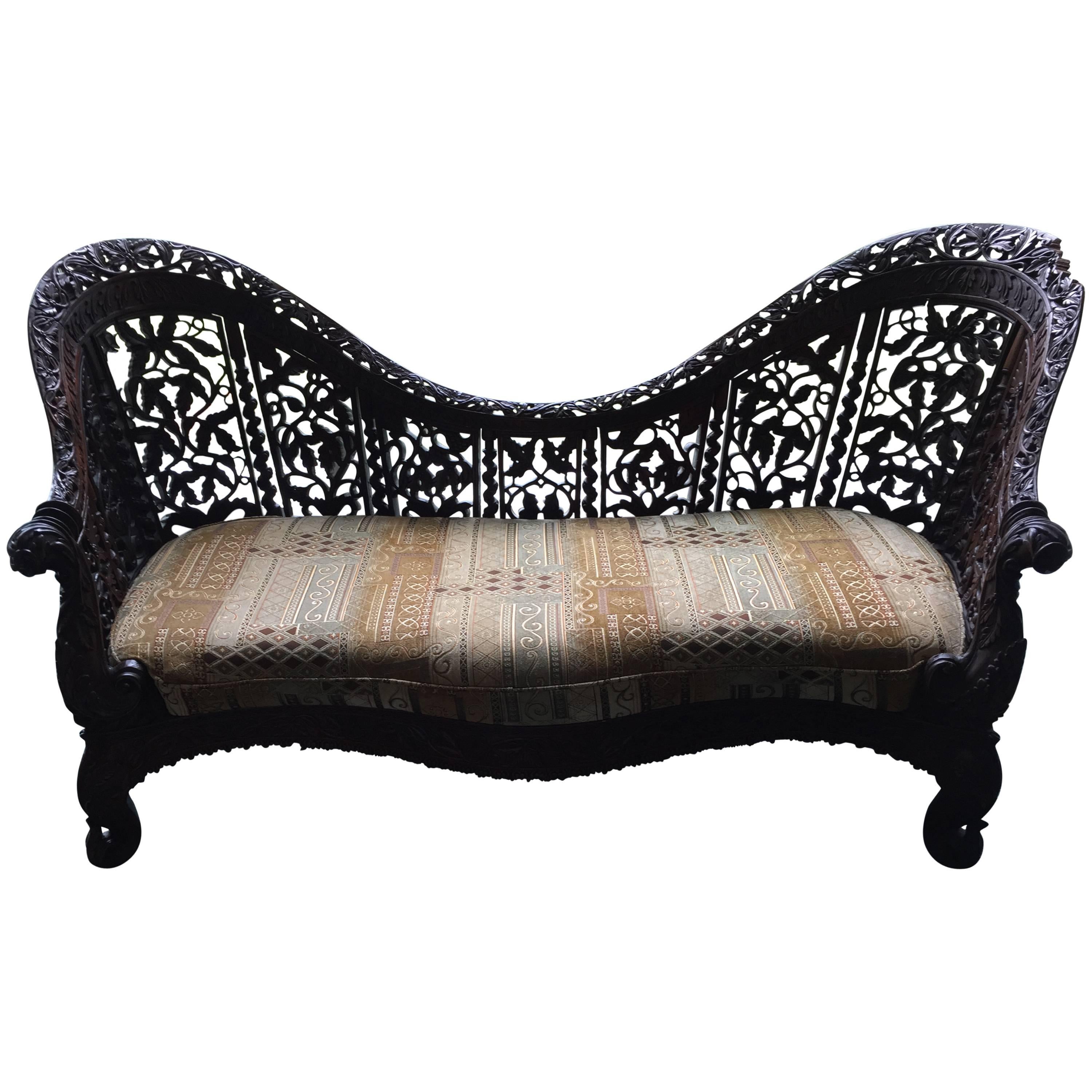 Anglo-Indian Wood Settee Prolific Flowers and Grape Design 19th century.  