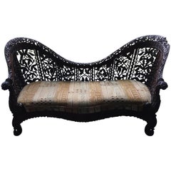 Antique Anglo-Indian Wood Settee Prolific Flowers and Grape Design 19th century.  