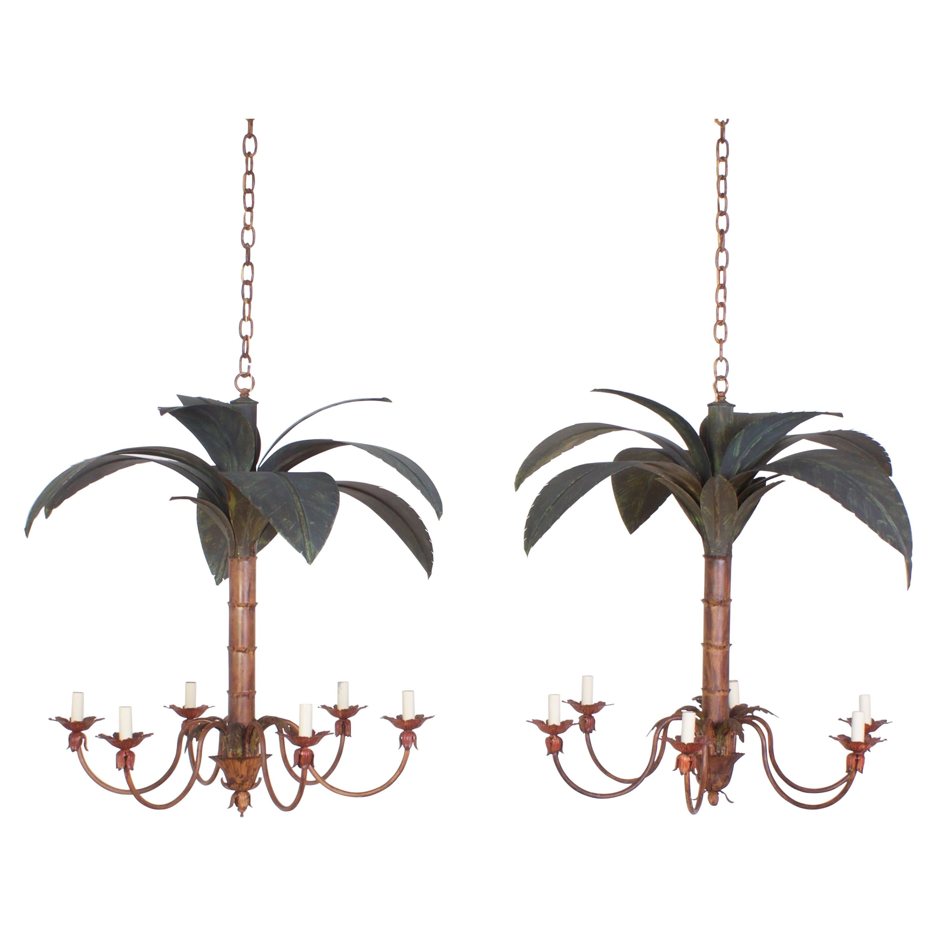 Pair of Mid-Century Tole Palm Tree Chandeliers