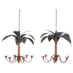 Pair of Mid-Century Tole Palm Tree Chandeliers