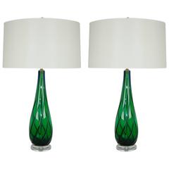 Matched Pair of Vintage Murano Lamps in Green and Blue