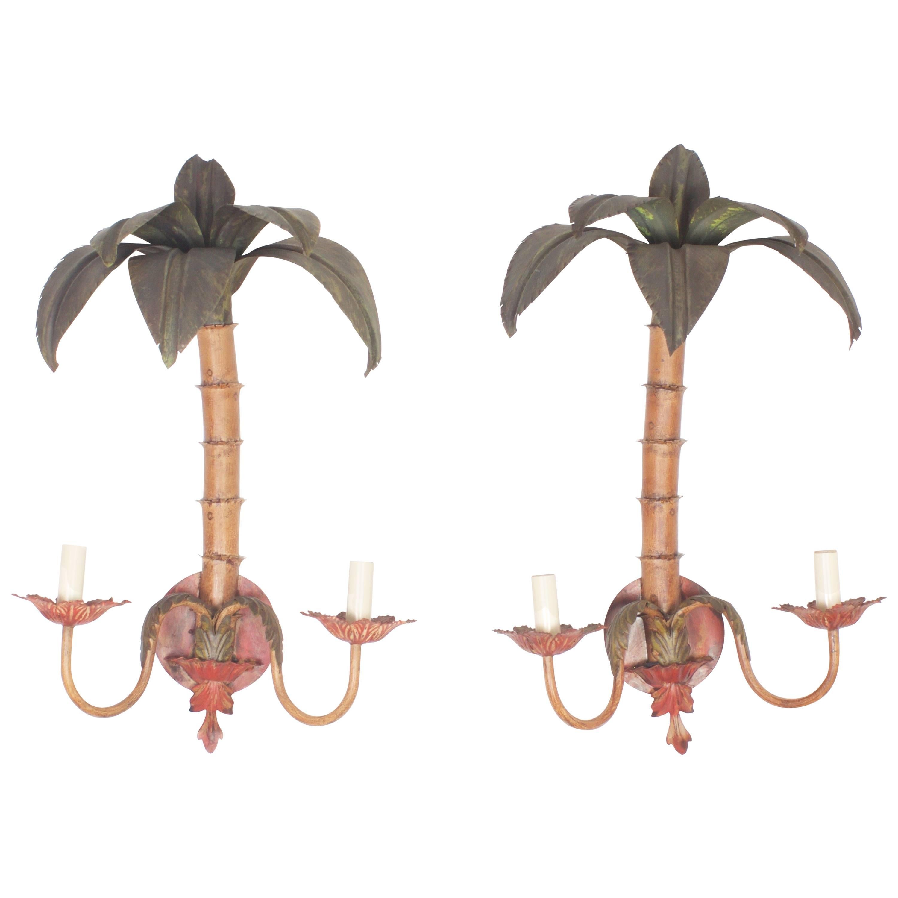 Pair of Vintage Tole Palm Tree Wall Sconces
