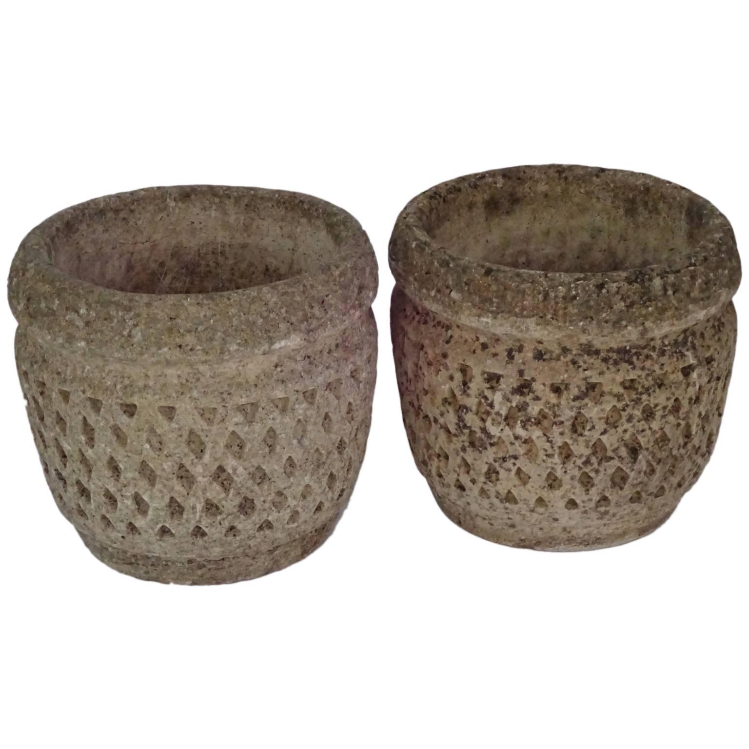 Pair of English Cast Stone Honeycomb Pattern Garden Urns