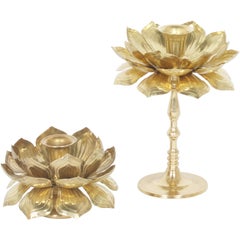 Two Brass Lotus Candleholders