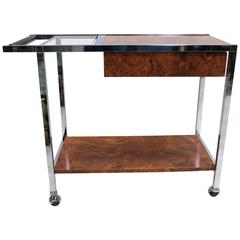 Chrome and Burl Laminate Bar Cart in the Style of Milo Baughman