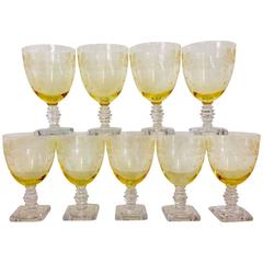 Antique Fostoria "Garland" Yellow Etched Glass Stem Set of Nine