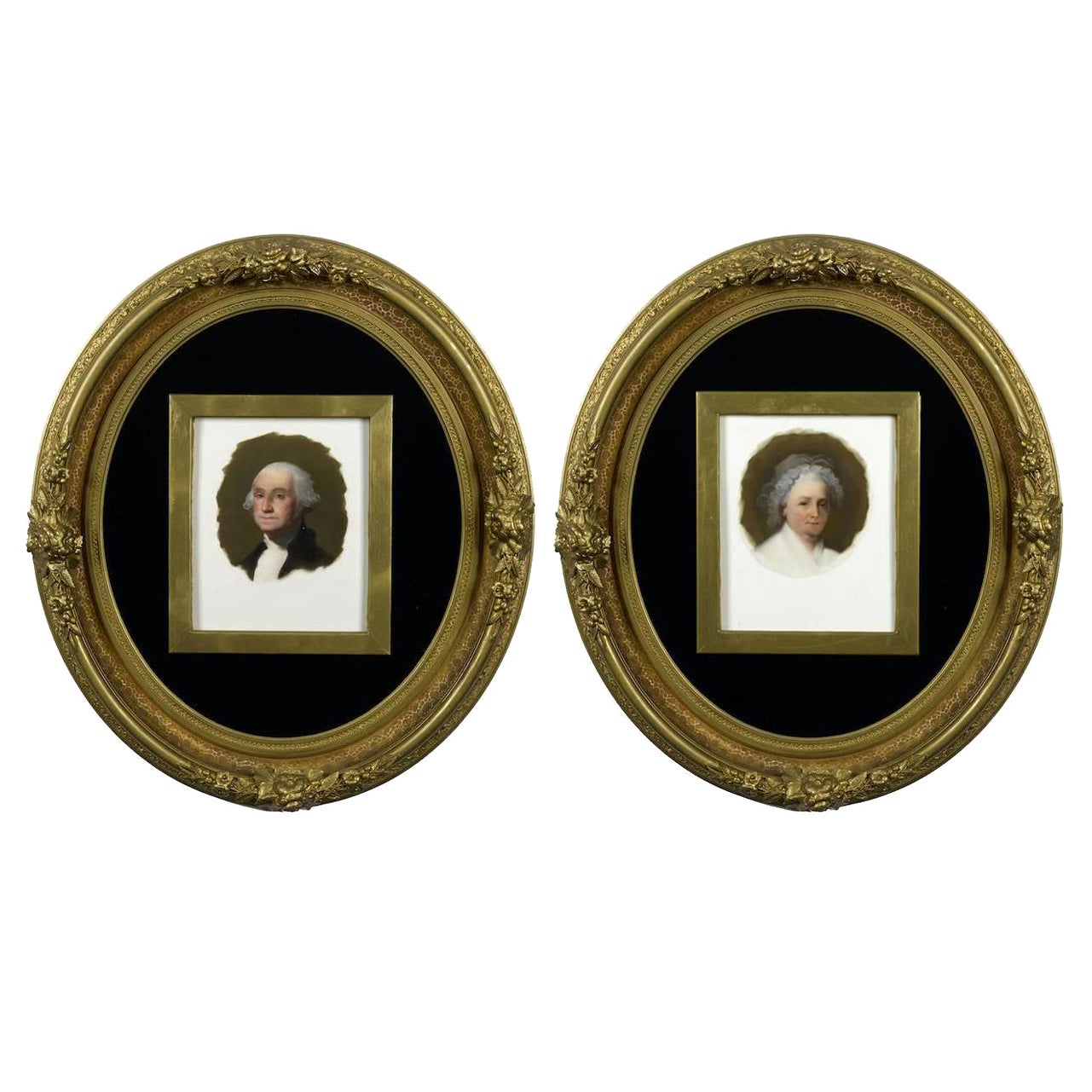 Paire de plaques en porcelaine du 19e siècle représentant George et Martha Washington
