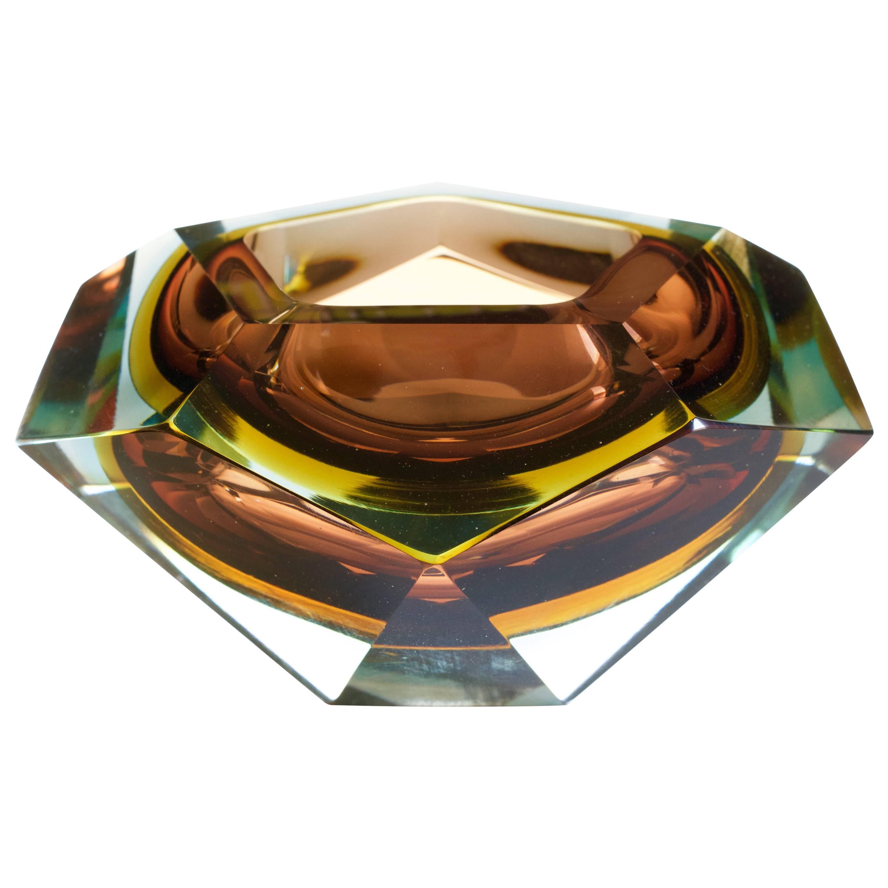 Large Italian Diamond Cut Faceted Murano Glass Centerpiece Bowl by Mandruzzato