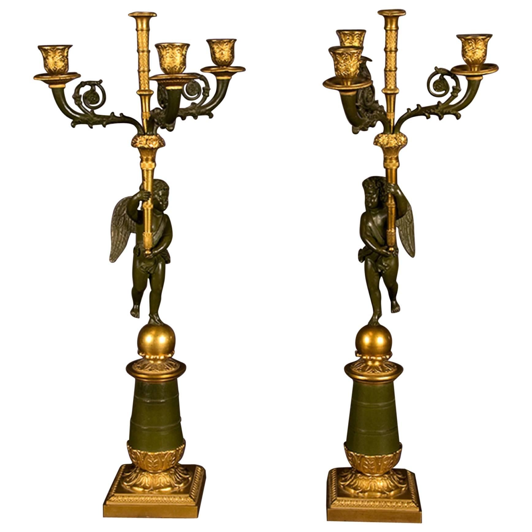 Pair of Period Empire Bronze Three-Light Candelabra, France, circa 1810 For Sale
