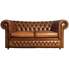 English Tobacco Leather Chesterfield Two-Seat Sofa