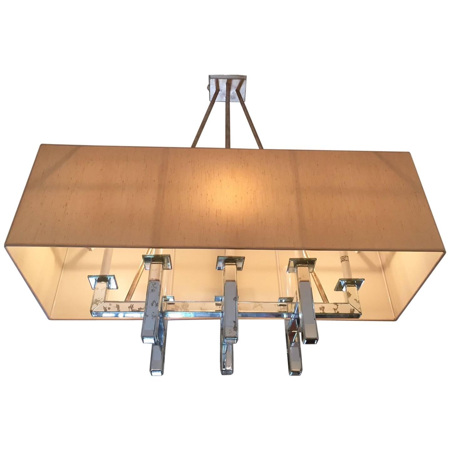 Silver Leaf and Aged Mirror Rectangular Mid-Century Modern Chandelier For Sale