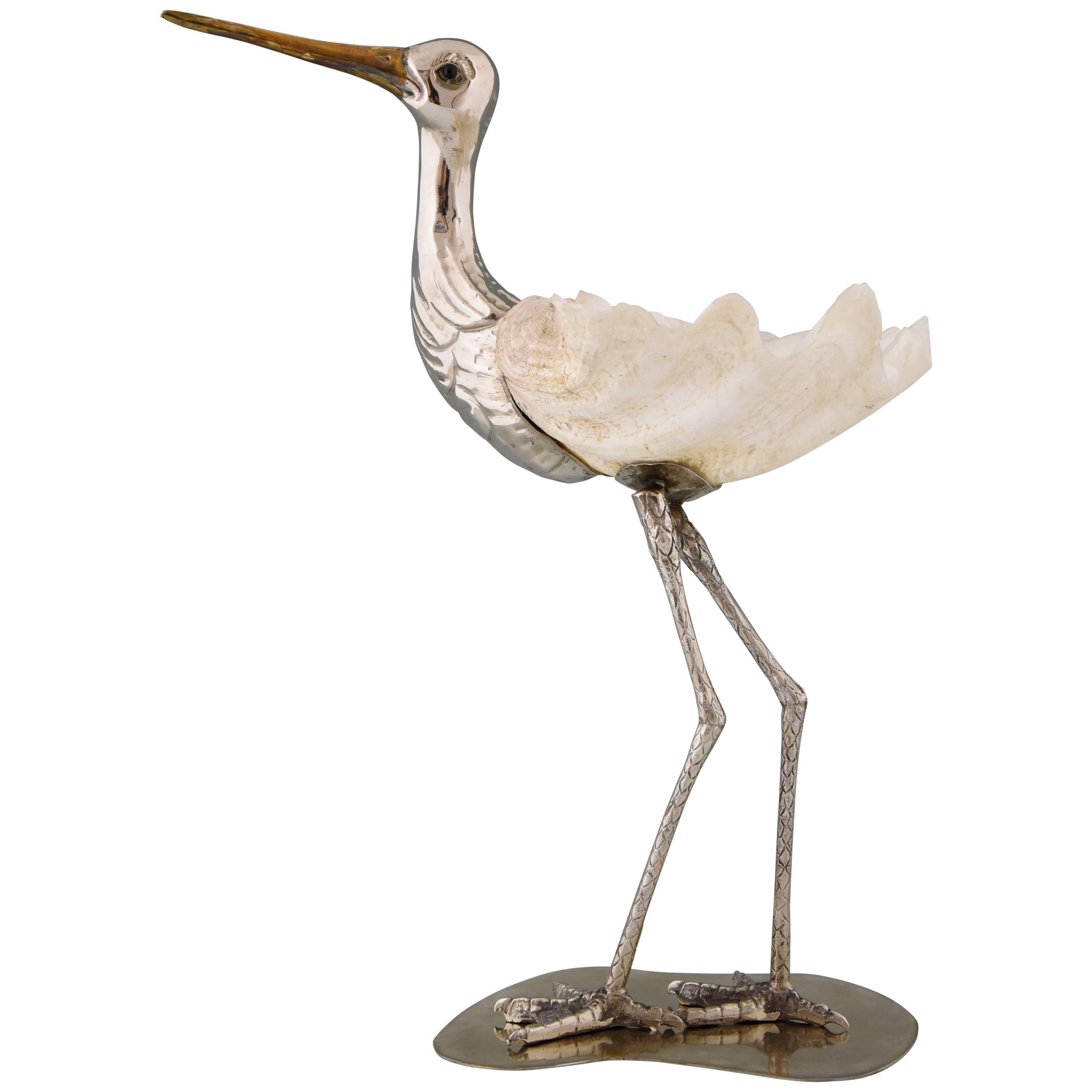 Modern Italian Bird Sculpture Silvered Metal and Seashell by Gabriella Binazzi