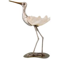 Modern Italian Bird Sculpture Silvered Metal and Seashell by Gabriella Binazzi