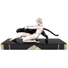 Art Deco French Sculpture Nude with Panther by A. Ouline, 1930