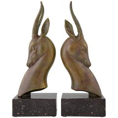 French Art Deco Bronze Deer or Antelope Bookends by G. Garreau, 1930
