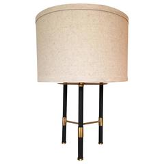 French 1950s Brass and Black Enameled Tripod Table Lamp