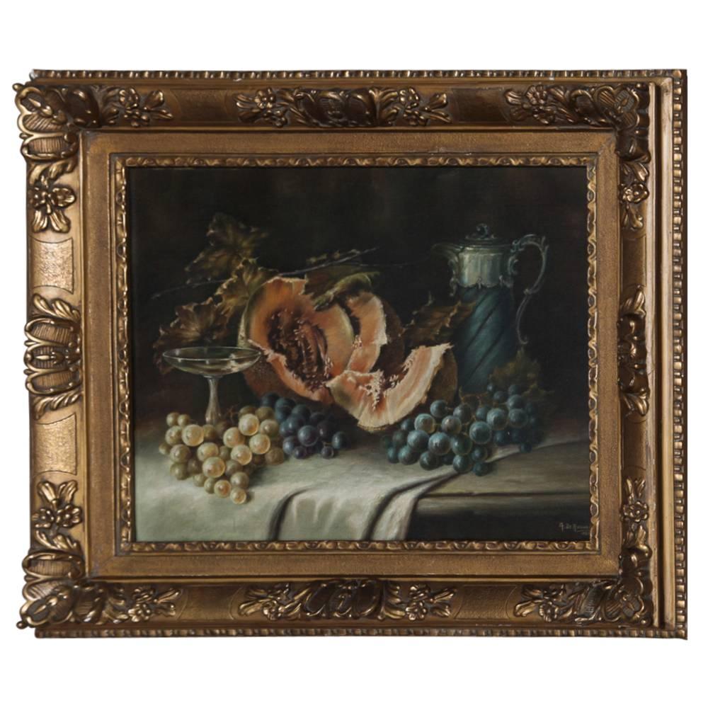 Antique Still Life Framed Oil Painting on Canvas by A. De Racourt, 1923