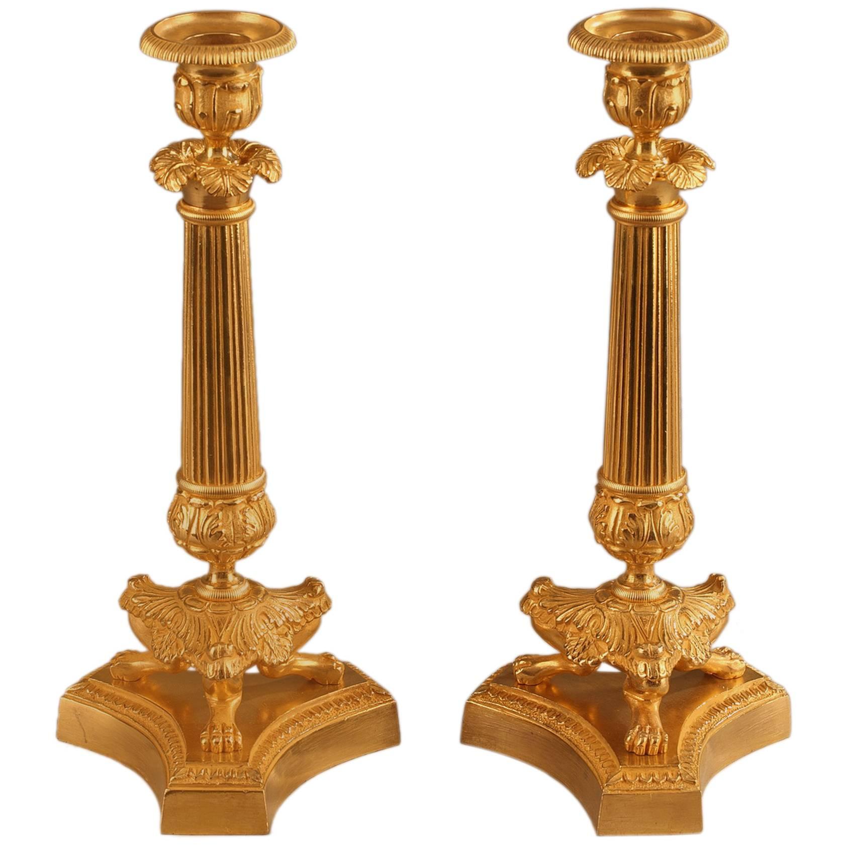 Pair of Gilt Bronze Candlesticks, Restauration Period