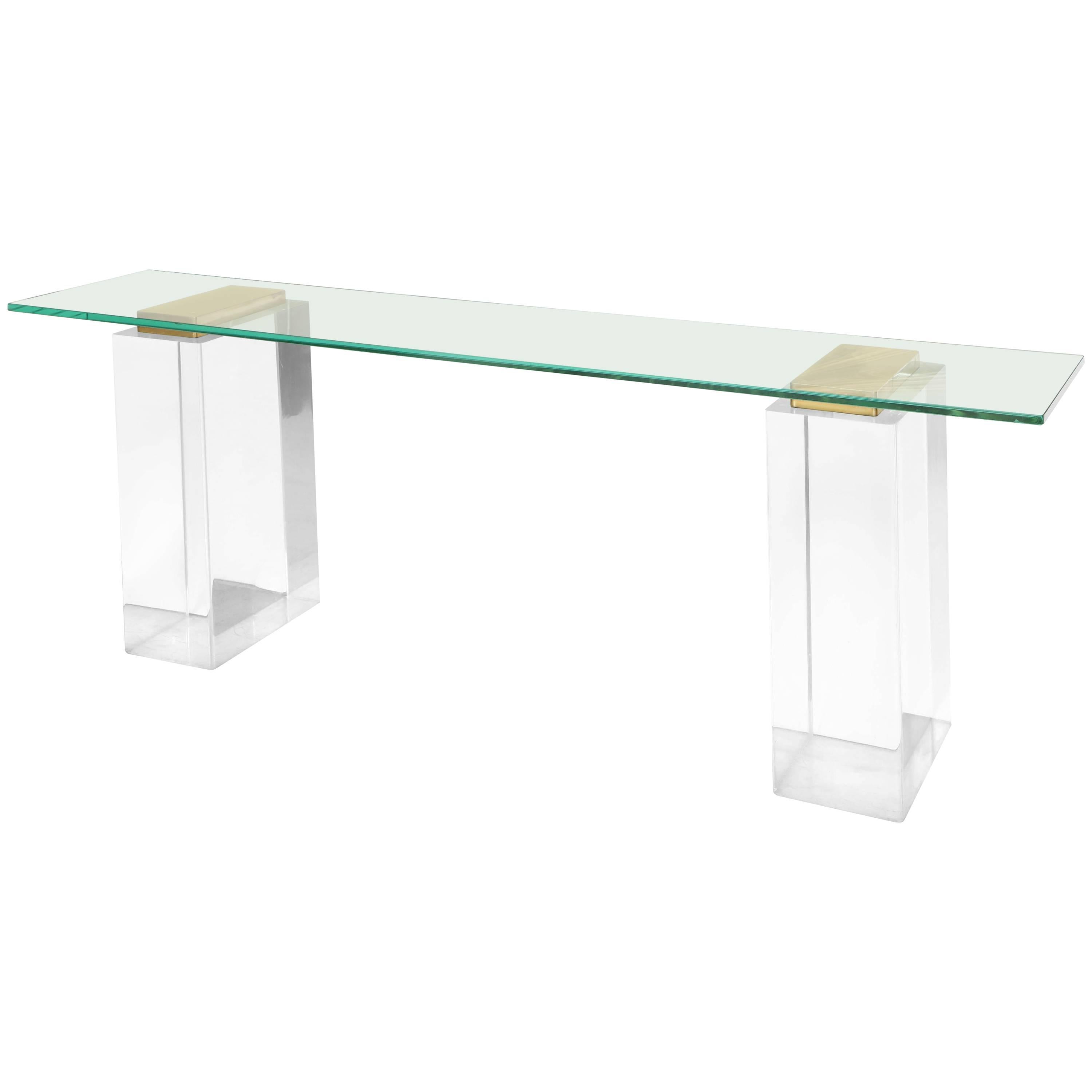Lucite Console Table with Massive Solid Lucite Columns