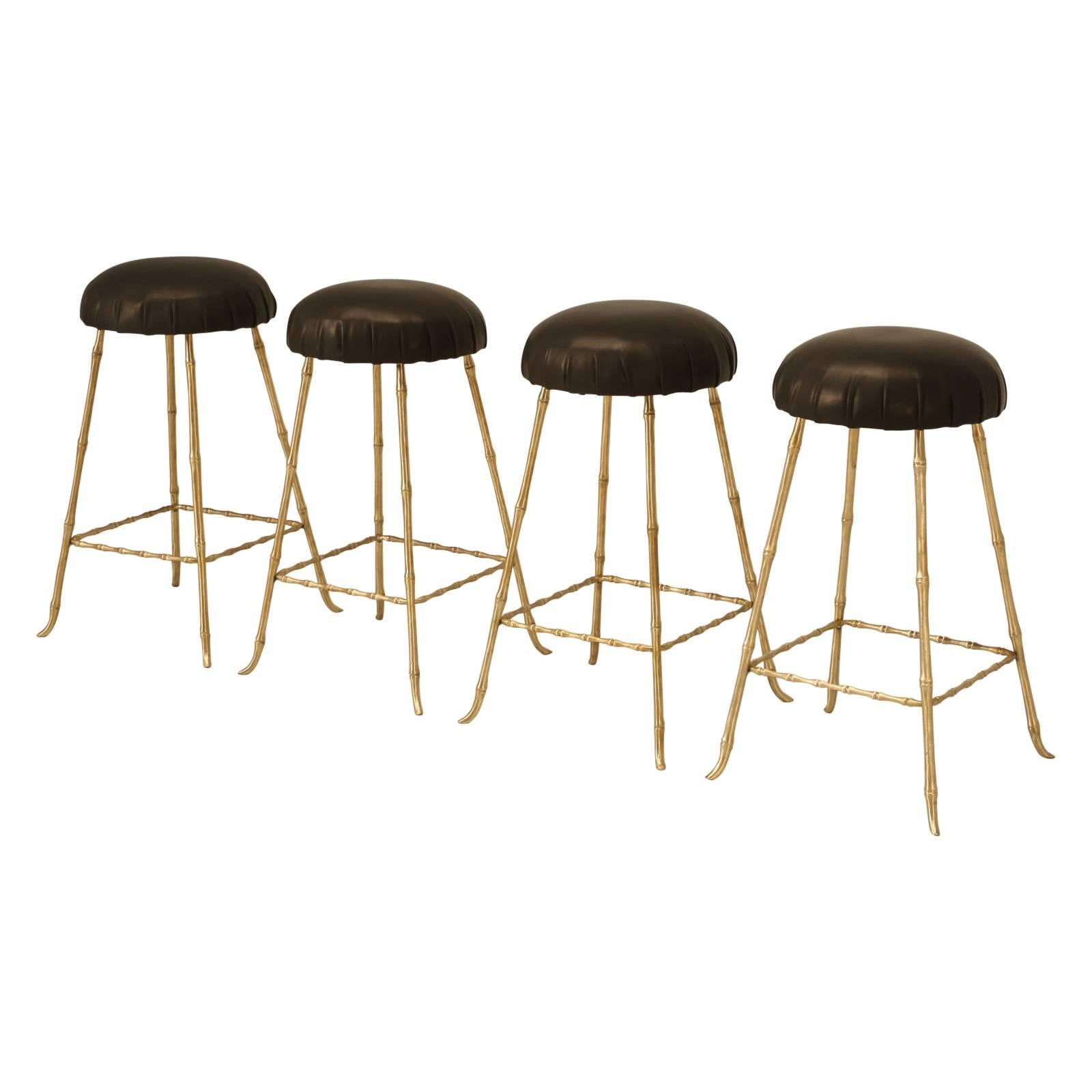 Polished Solid Brass Counter Stools in a Jansen Inspired Faux Bamboo Design