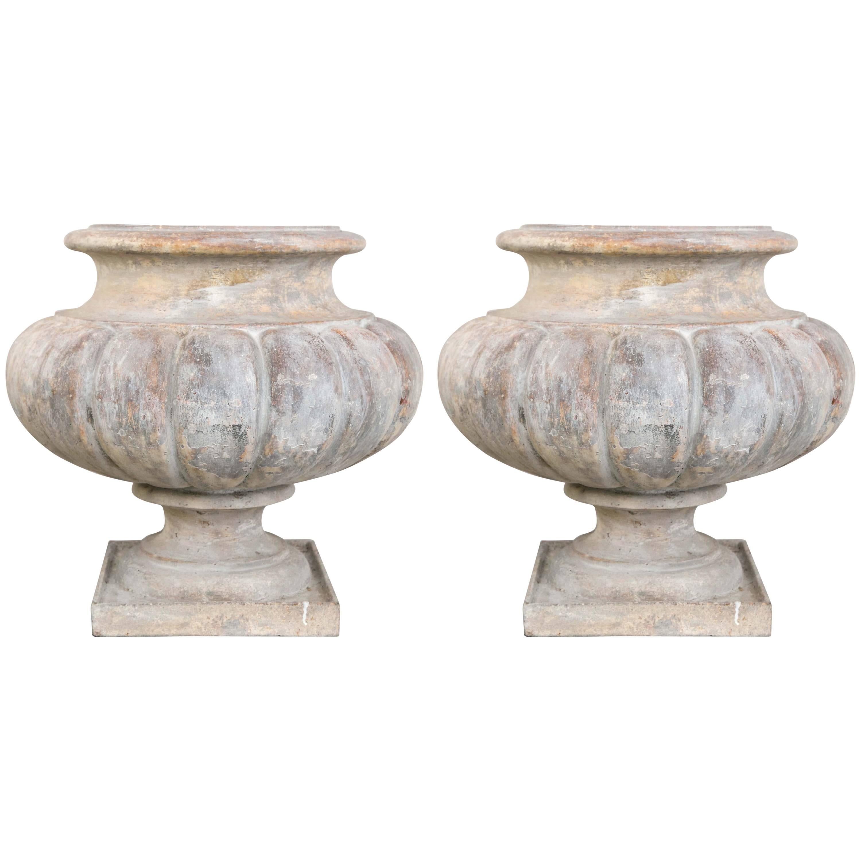 Pair of Cast Iron Melon Shaped Urns For Sale