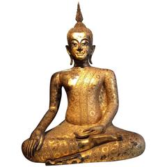 Antique Large Buddha in Lacquered and Gilt Bronze, 19th Century, Thailand