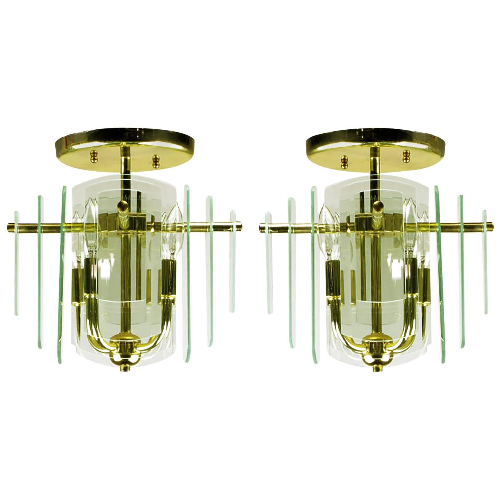 Pair Brass and Beveled Graduated Glass Ceiling Lights For Sale