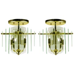 Used Pair Brass and Beveled Graduated Glass Ceiling Lights