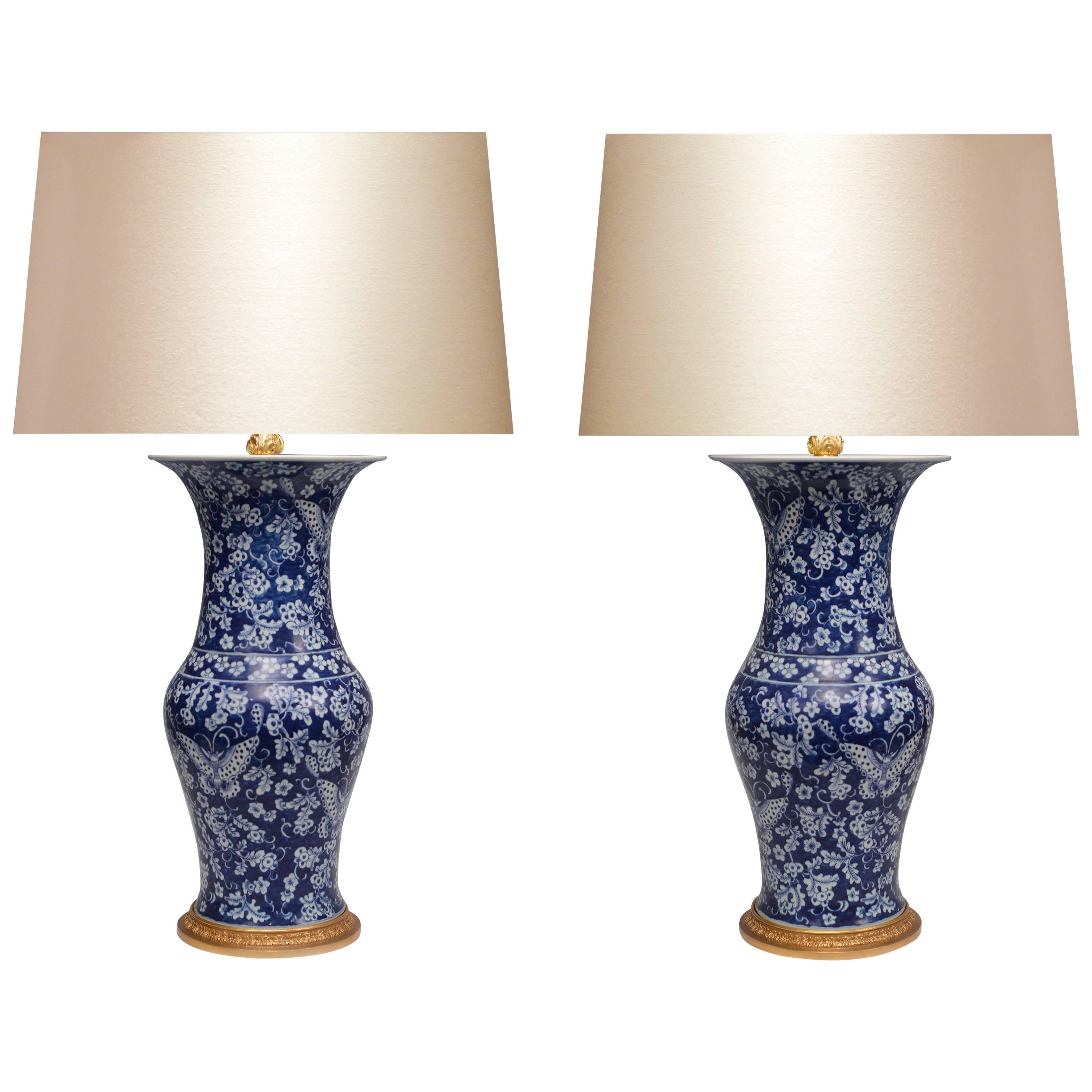 Pair of Blue and White Porcelain Lamps For Sale