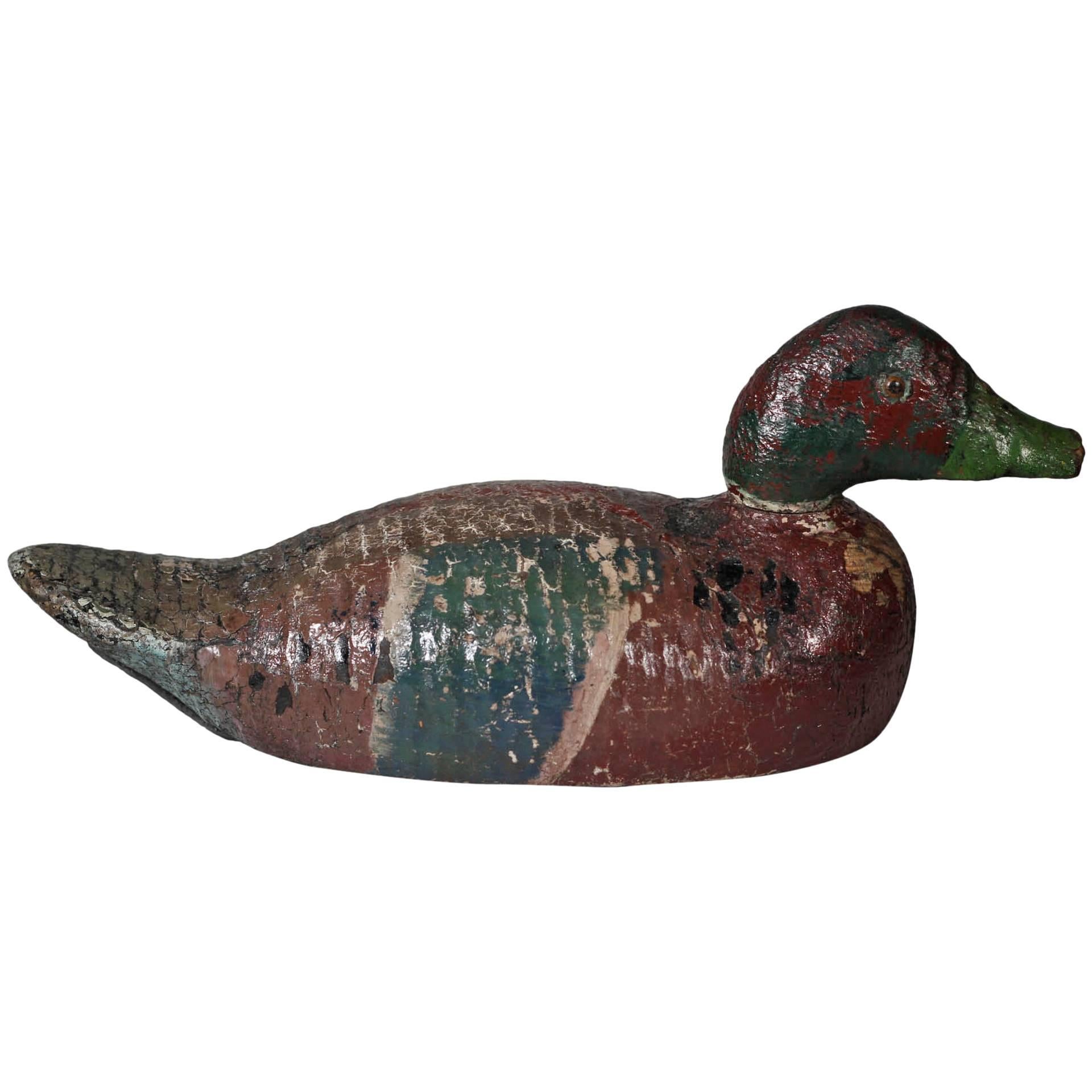 19th Century Painted Wooden Duck Decoy with Original Shotgun Holes For