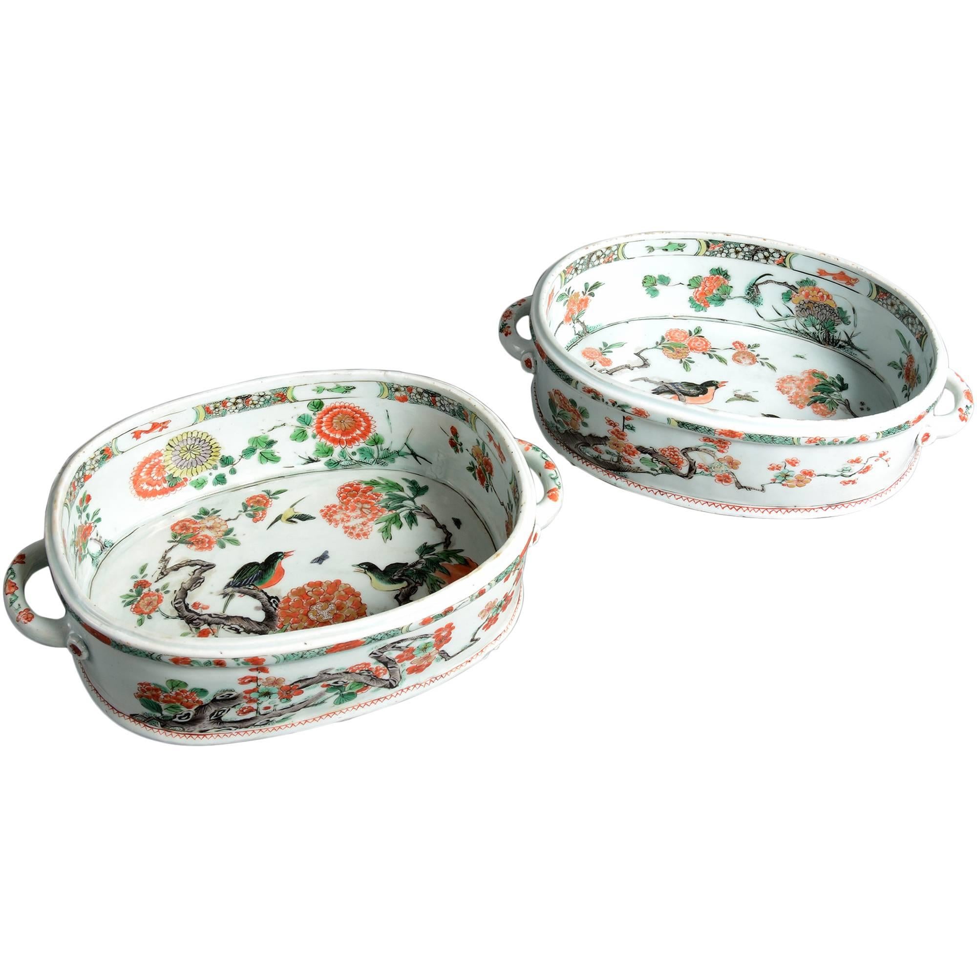 Two Qing 18th Century Kangxi Oval Porcelain Jardinières with stylized peonies