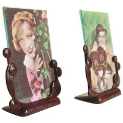 Pair of English Art Deco Flower-Form Marbled Dark Brown Lucite Postcard Frames