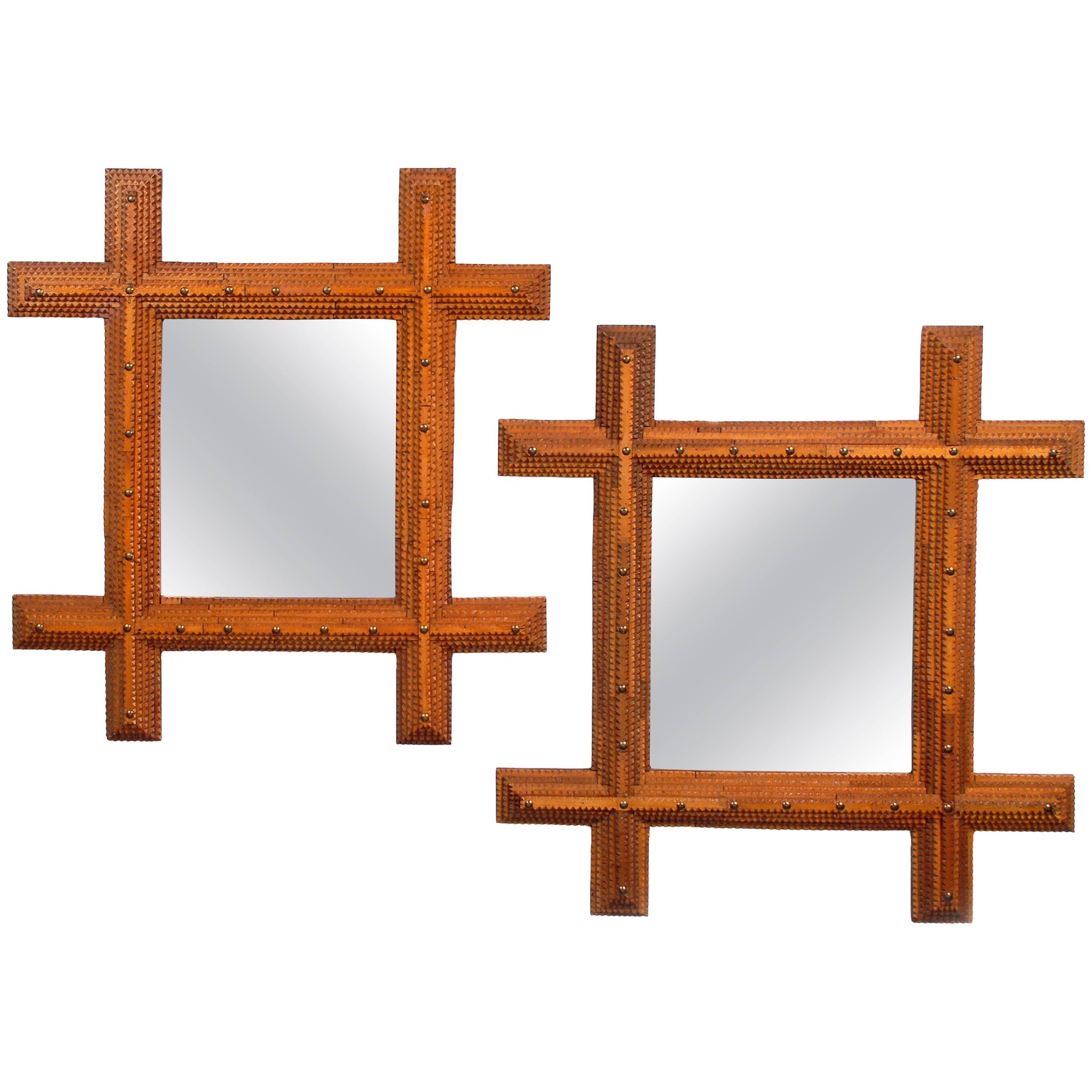 Companion Pair of Tramp Art Mirrors For Sale