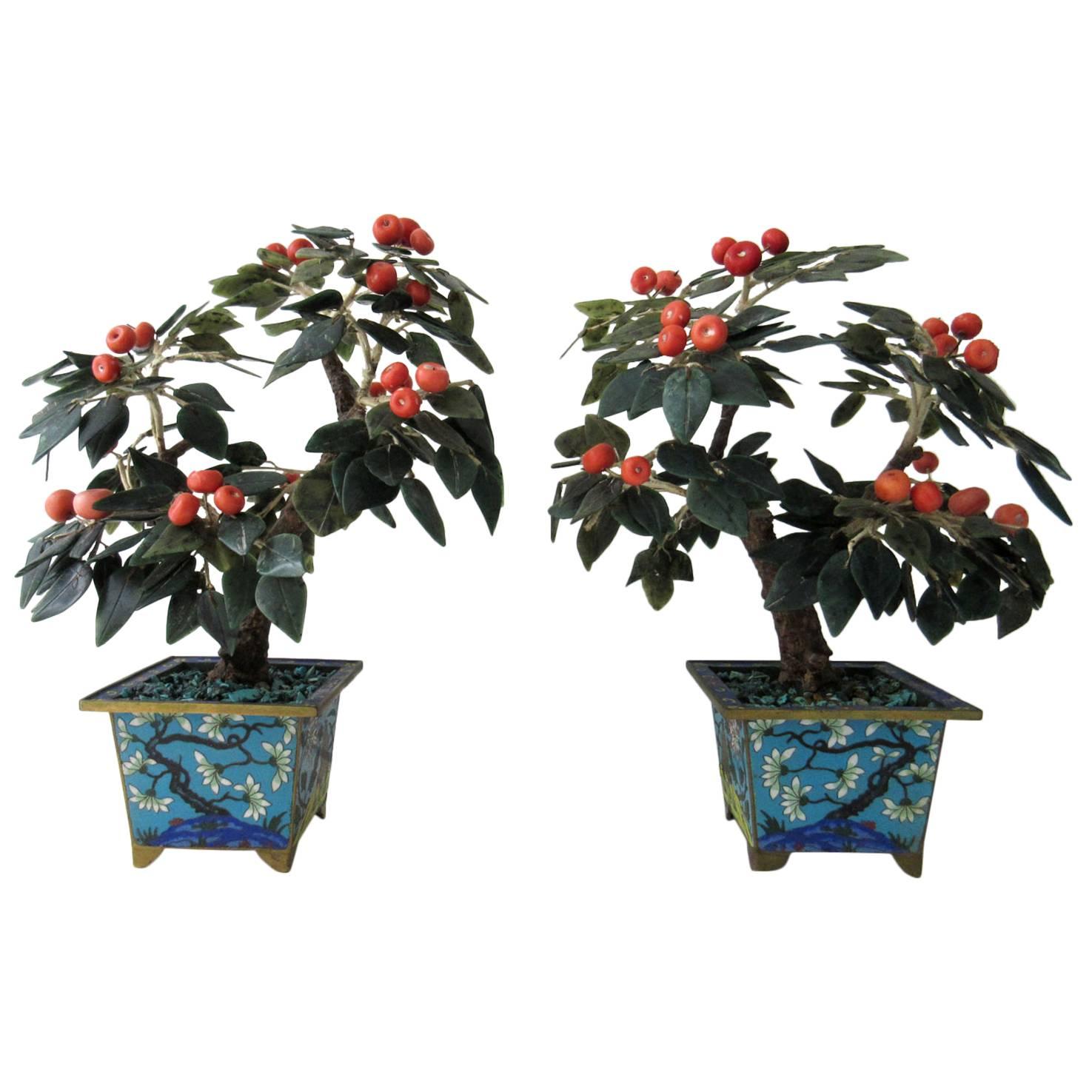 Pair of Early 20th Century Carved Jade Orange Blossom Trees