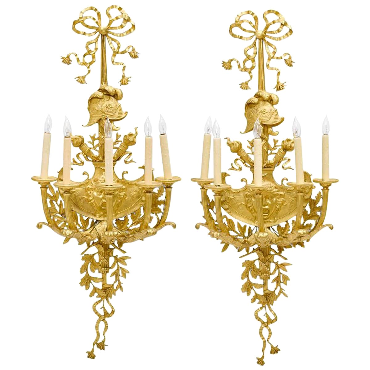 Pair of 20th Century Régence Style Gilt Bronze Five-Light Figural Wall Lights For Sale