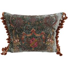 19th Century Metallic and Chenille Embroidered Pillow with Fringe