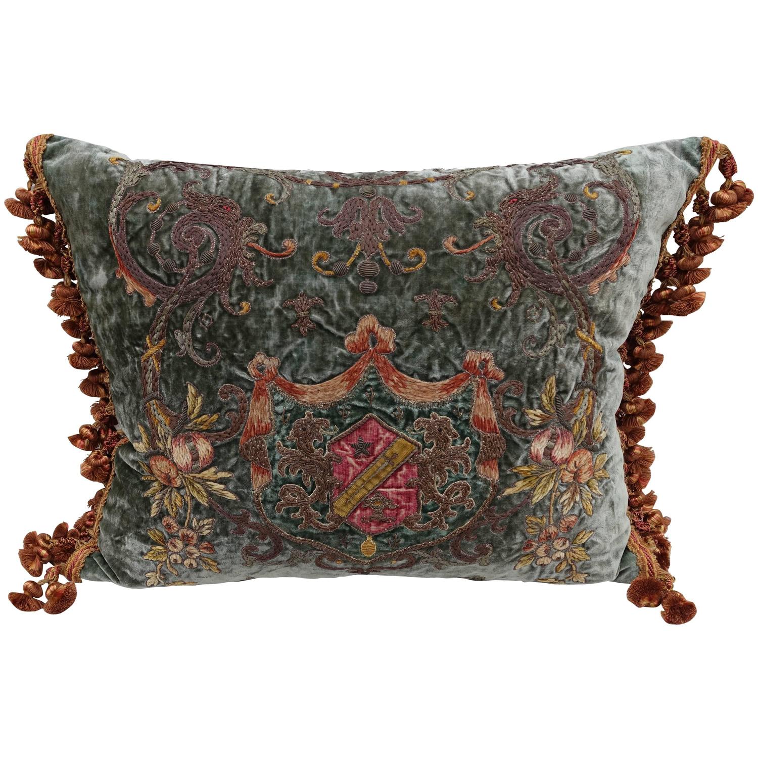 19th Century Metallic and Chenille Embroidered Pillow with Fringe at