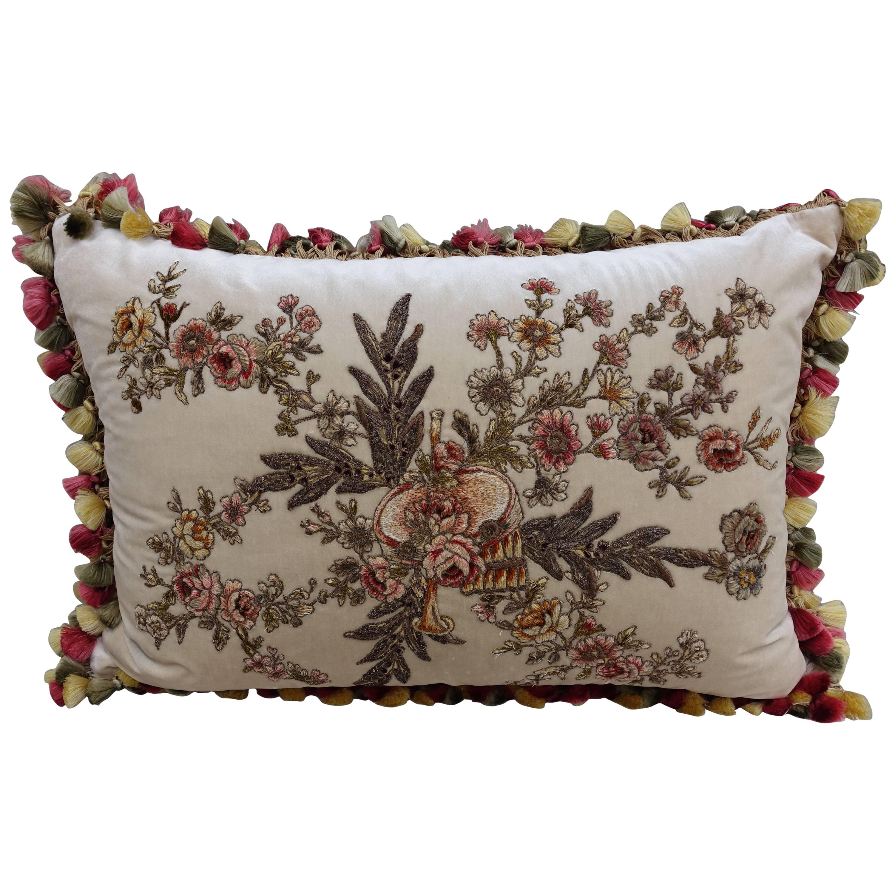 French Appliquéd Silk Velvet Pillow with Silk Tassel Fringe