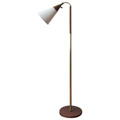 1950s Wood Brass and Enamel Adjustable Floor Lamp
