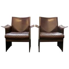 Retro Pair of Mid-Century Matteo Grassi Korium Leather Armchairs Design by Tito Agnol