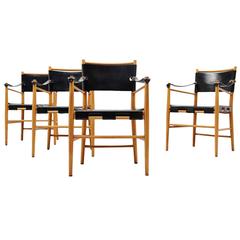 Italian Safari Chairs in Birch and Black Leather, 1960