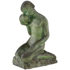 Art Deco Bronze Skulptur Nacktes Mädchen mit Taube von Sylvestre Clerc 1929 Susse Fr.