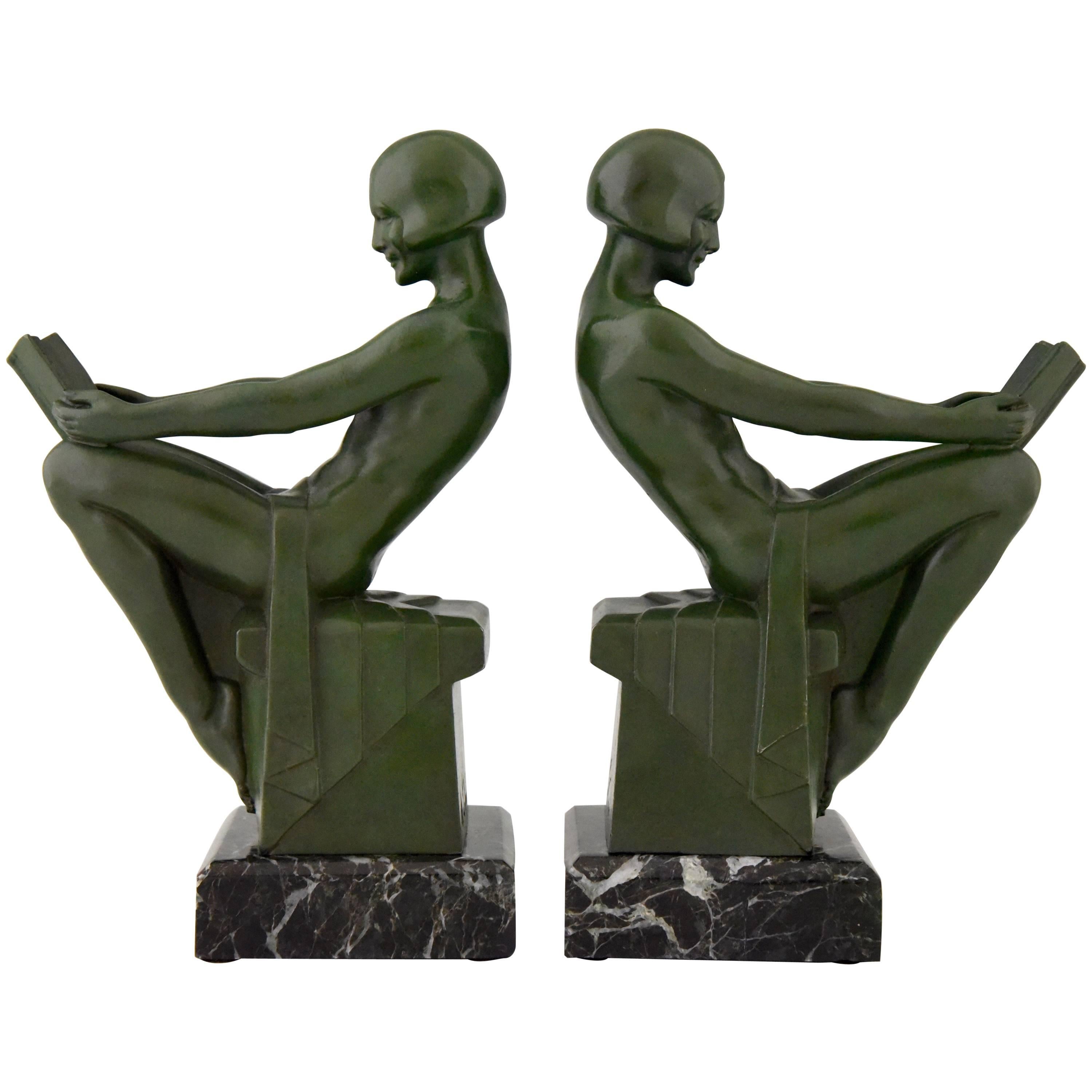 French Art Deco Bookends Reading Nudes by Max Le Verrier, 1930