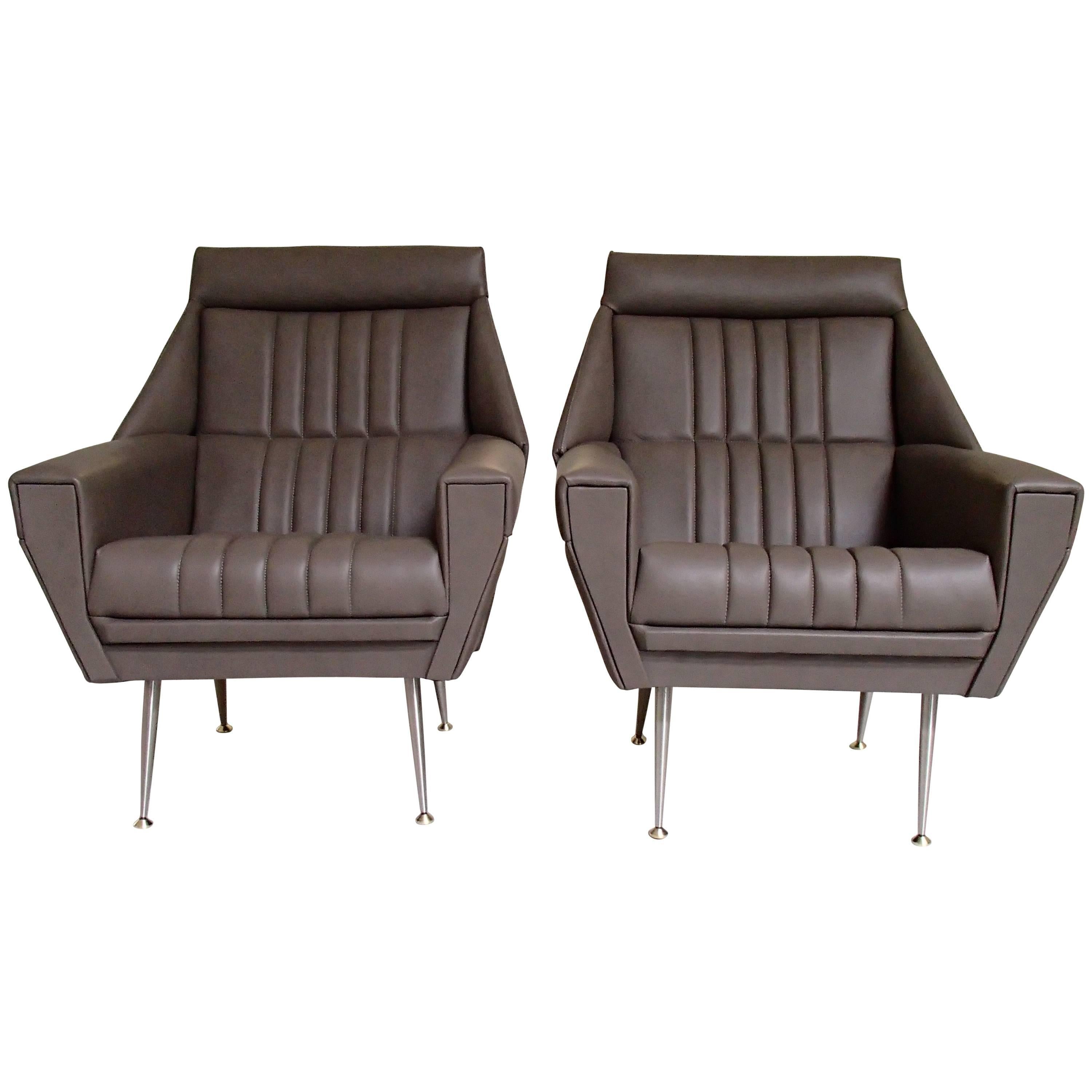 Pair of Mid-Century Modern Armchairs Grey Greenish Leather For Sale