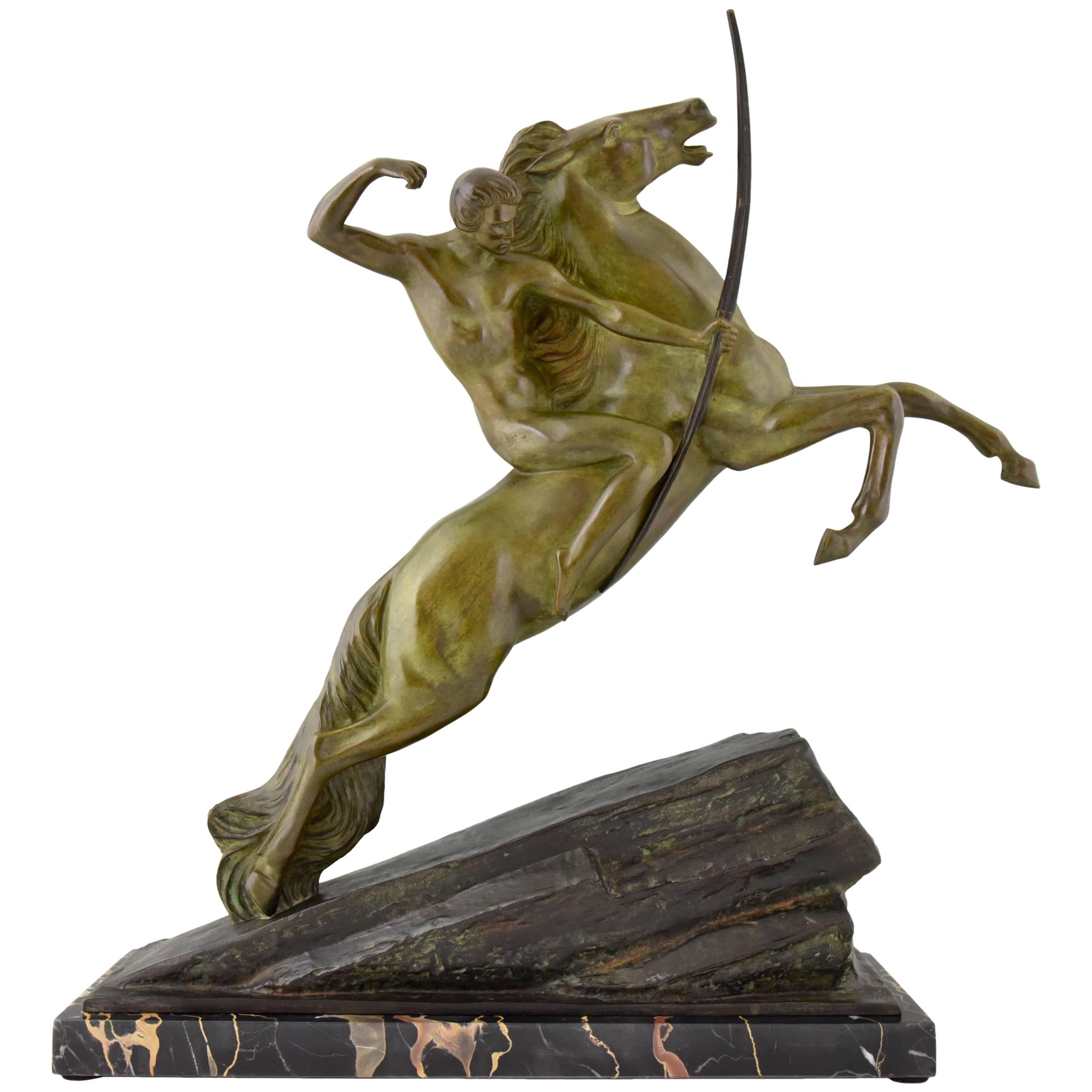 Art Deco Bronze Sculpture of an Archer on a Rearing Horse by Lemo, 1925