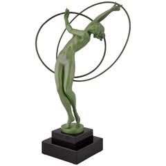 French Art Deco Sculpture Nude Hoop Dancer by Fayral, Pierre Le Faguays, 1930